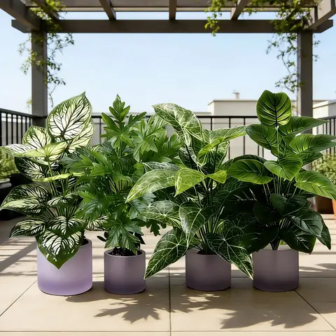 4PC Artificial Plants with 48Leaves Large Fake Fan-leaf Sunflower Tree Plastic Plant Leaves Artificial Jungle Palm Tree for Home