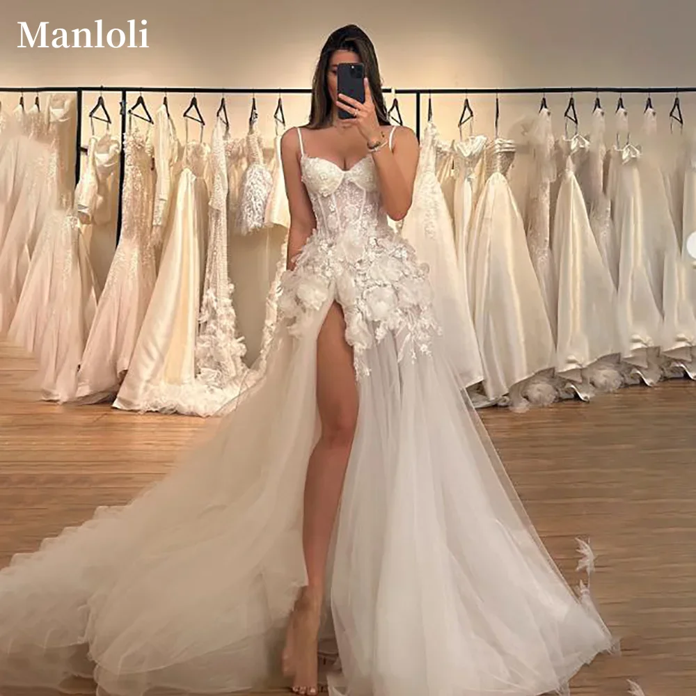 Gaun Pengantin Decal Renda Elegan Tanpa Lengan Bunga 3D Gaun Pengantin A-line Gaun Pengantin Belahan Samping Pantai Kustomisasi