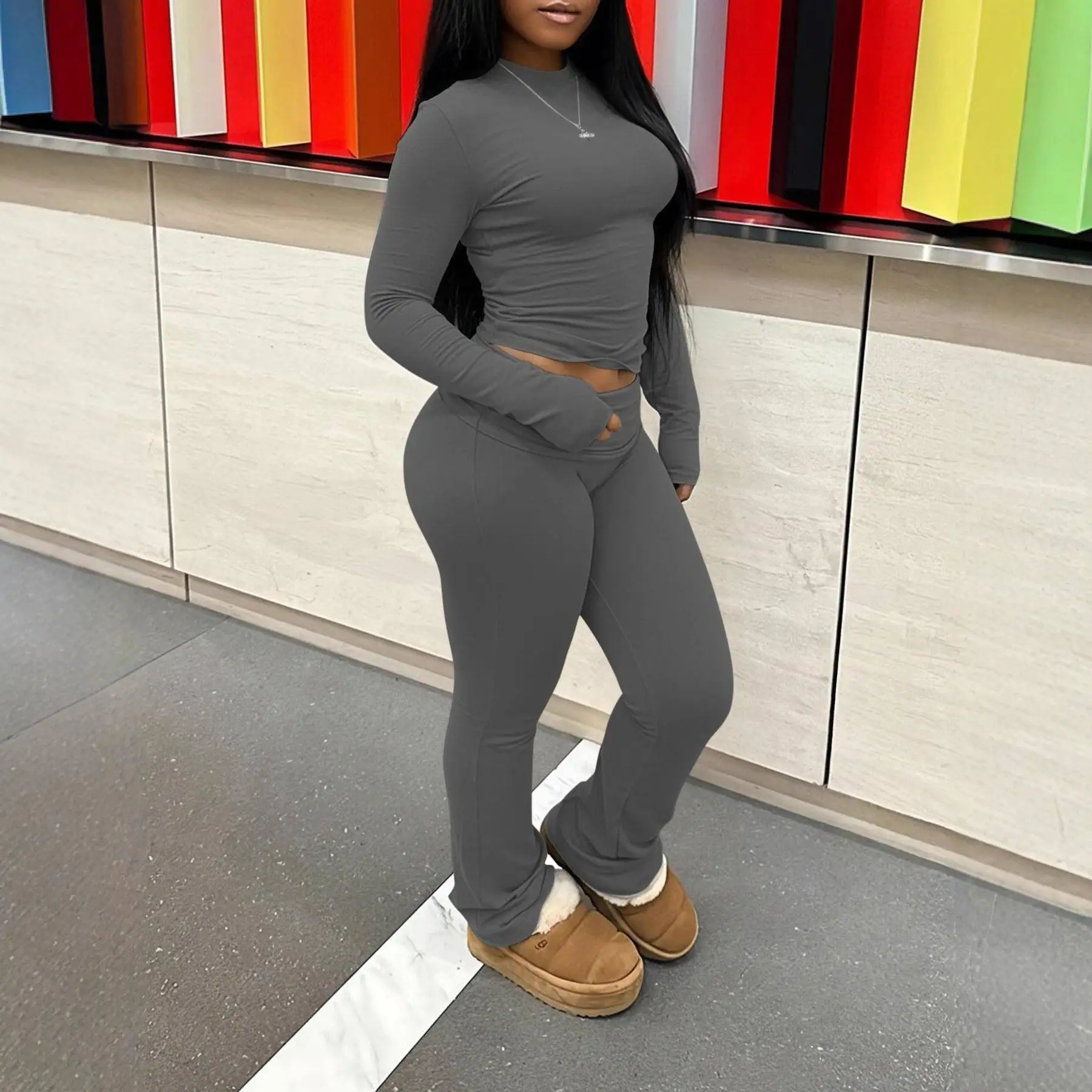

Sporty Sexy Long Sleeve T-Shirt Yoga Pants Set Women's Autumn Winter Casual Style Pure Color Three Piece Suite for Teens