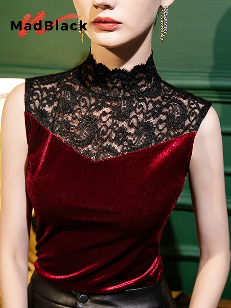

MadBlack-Women's European Velvet Sling, Sexy Stand Lace Patchwork, Streetwear Slim S-3XL Camisole, 2025 Winter New T5D502CC