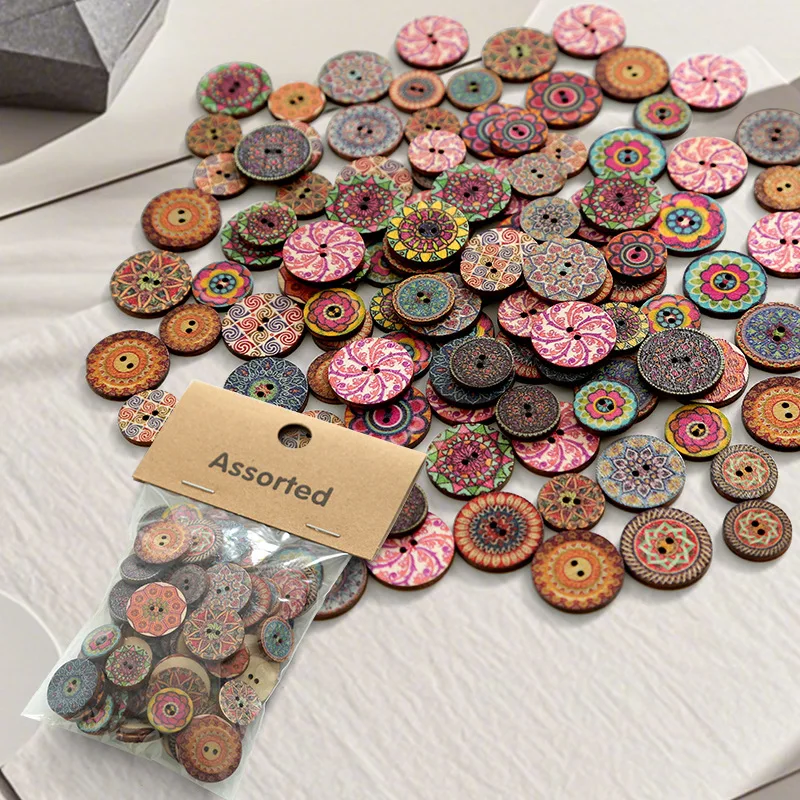 

2026 New Natural Wood Retro Printed Button Pattern Round Piece Button Diy Cartoon Painted Wooden Button creativity