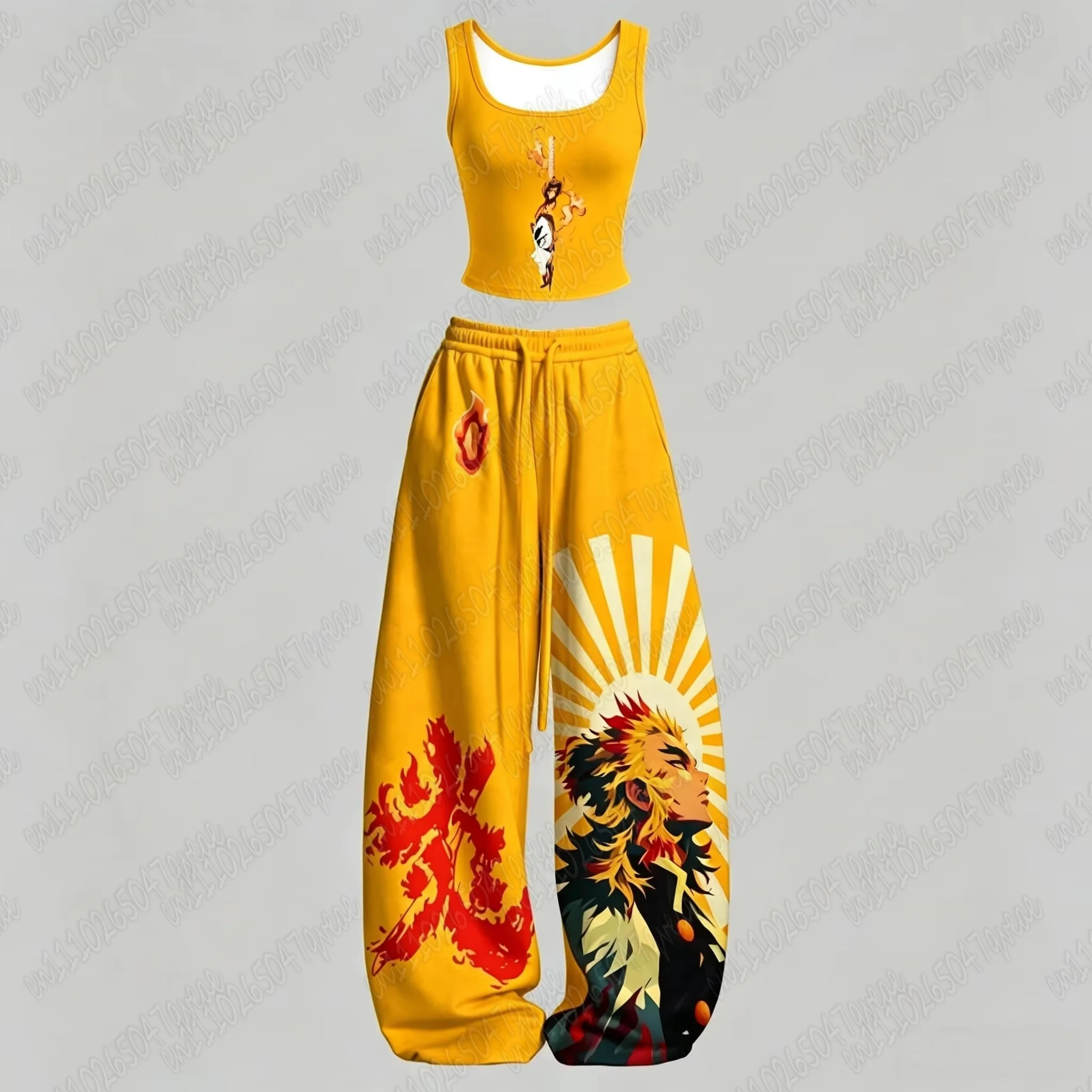 26Hot Family Matching Japanese Anime Print 2 Piece Outfit Y2K Streetwear Crop Tank Top + Wide Leg Pants Set Sportswear Tracksuit