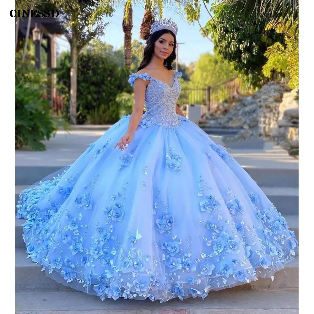 Румяна розовые 3D цветочные платья Quinceanera 2022 блестящие тюлевые на шнуровке с открытыми плечами пышные принцессы милое 16th платья формирующие