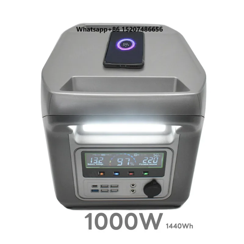 220V1000W Portable Power Station Solar Panel LiFePO4 Battery Car AC Adaptor Wireless Charging Bluetooth Speaker for Camping