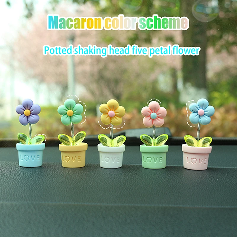 1PC Car Center Console Decor Simulated Potted Flower Desk Ornaments Swinging Potted Macaron Five Petal Flower Car Accessories