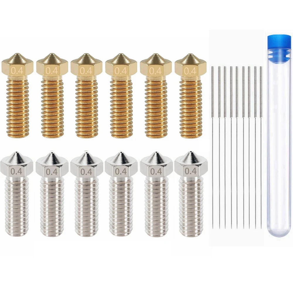 

V5 V6 Volcano Brass Nozzle with Cleaning Needles Kit Extra Extruder Nozzles 0.4mm M6 1.75mm Filament for 3D Printer Part