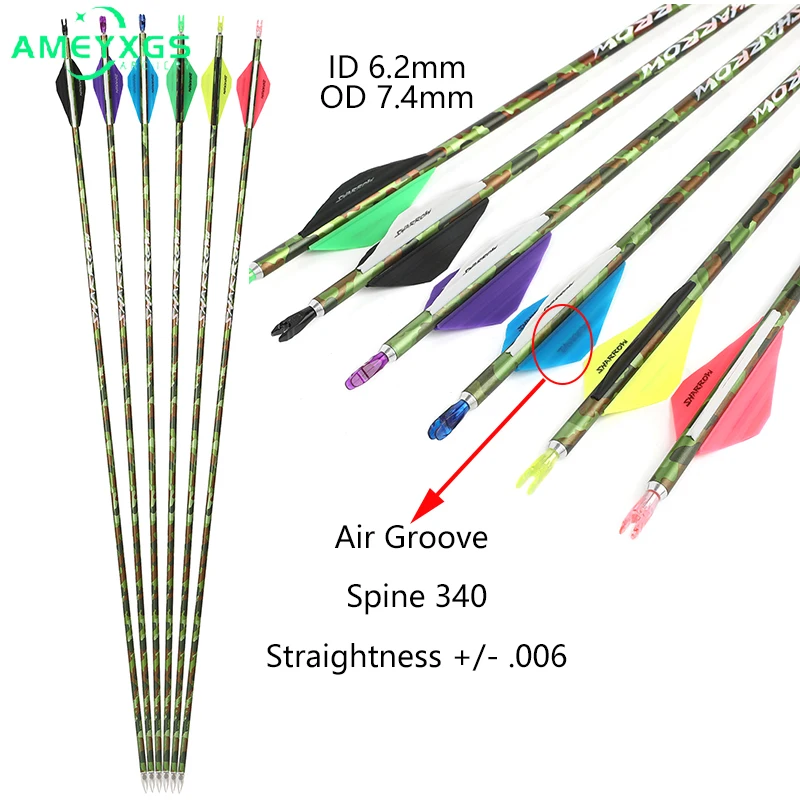 

6/12PCS Pure Carbon Arrow Spine 340 100Gr Arrowhead ID 6.2mm OD 7.4mm Straightness +/- .006 for Bow Archery Hunting Shooting