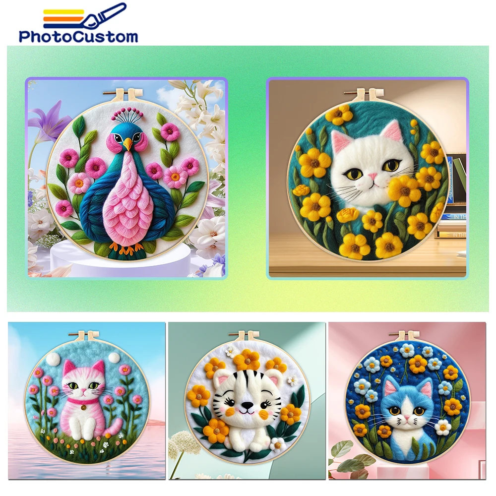 PhotoCustom 20x20cm Diy Wool Painting Kits With Frame Animal Cat DIY Wool Needle Felt Painting Picture Decors Felt Needle Set