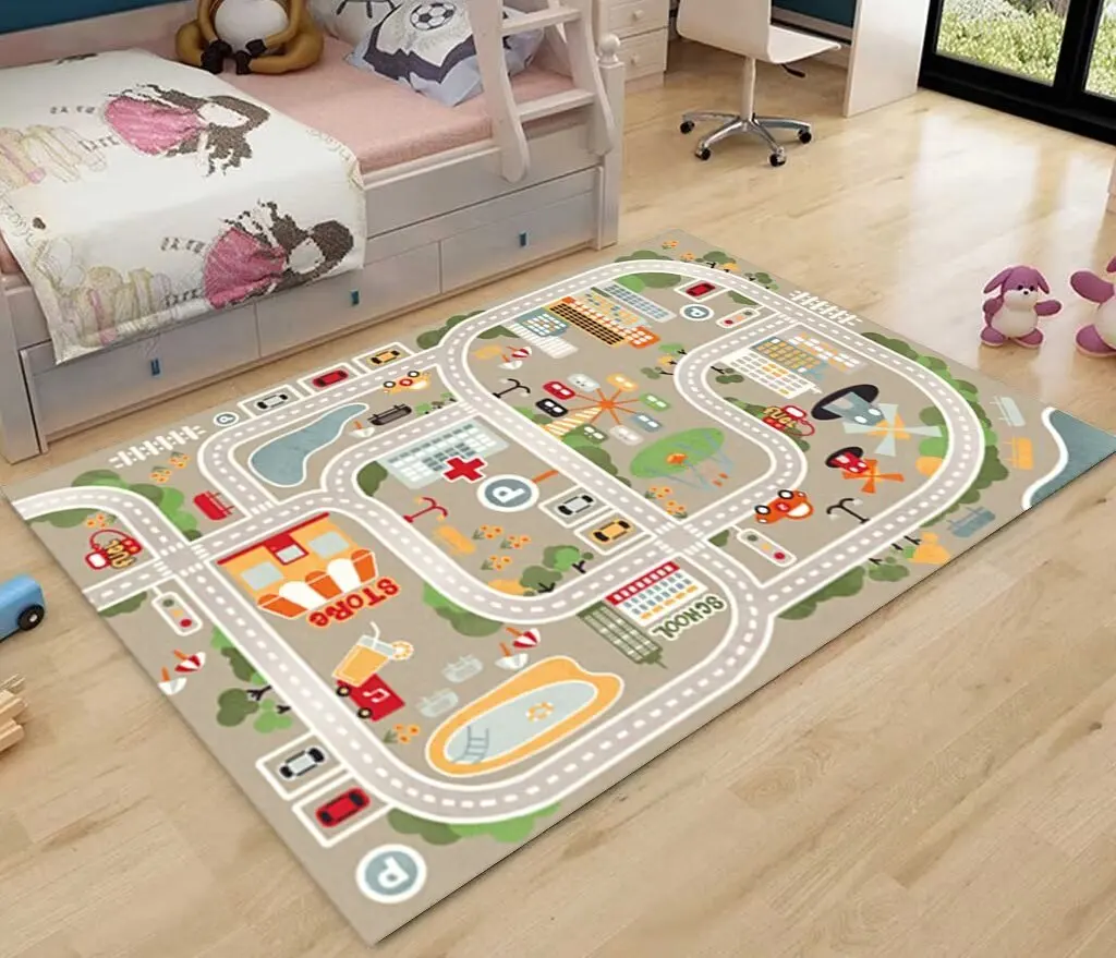 Children's Game Carpet for Living Room Modern Road Traffic Route Map Area Decoration Rug Bedroom Bedside Sofa Non-slip Floor Mat