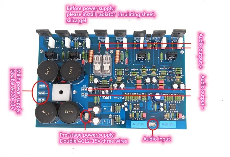 E601 C5200 T1943 Tube Fever HiFi 300W+300W High-Power Class AB 2.0 Channel Audio Amplifier Board z obwodem zabezpieczającym