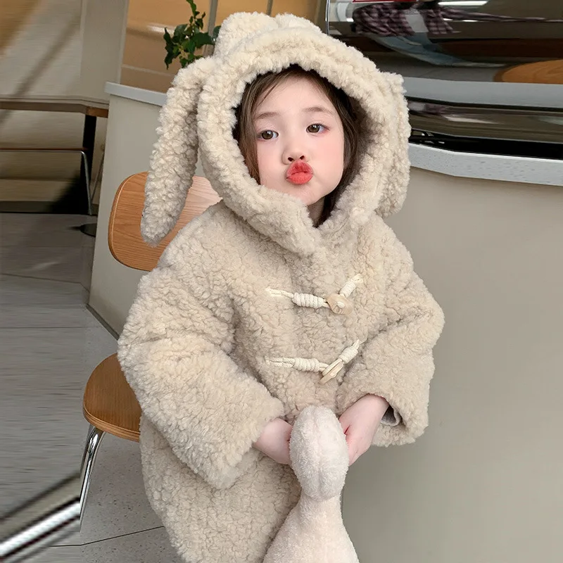 Girls' Velvet Rabbit Ear Hair Sweater 2024 New Fashion Baby Girl Thickened Jacket Small and Medium Children's Top