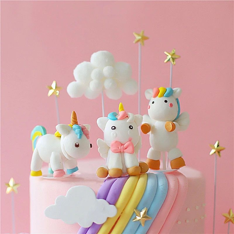 Unicorn Cake Decoration Rainbow Trojan Horse Rocking Horse Girl Boy Baby Birthday Cupcake Topper Happy Birthday Party Decor Kids