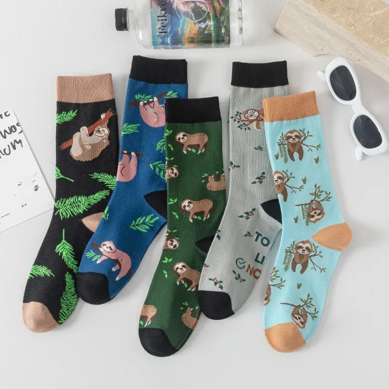 New European American Creative Animal Pattern Cartoon Lazy Waist Folivora Fashion Casual Breathable Four Season Mid Tube Socks