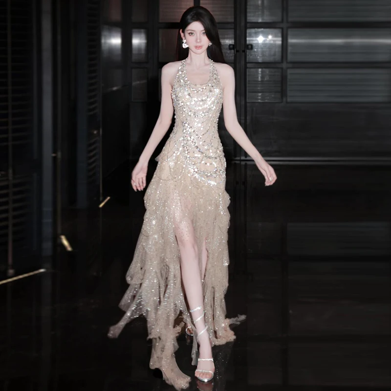 ชุดเดรสปาร์ตี้ L&P DQL สไตล์เซ็กซี่ สีแชมเปญ ผ้าทูลล์ประดับเลื่อมและลูกปัด ชุดราตรีงานเลี้ยง