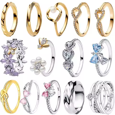 Hot Sale Original 925 Sterling Silver Ring Colorful Bow Pearl Bee Flower Crystal For Women Valentine's Birthday Gift Jewelry