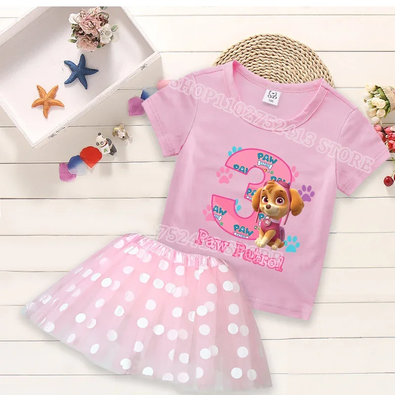 2pcs Paw Patrol Skye T-shirt Dress Cartoon Fashion Kids Sets Polka Dot Print Round Neck Pink Number Birthday Clothing Girls Gift view 5