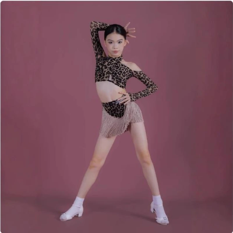 

High-quality new Latin dance dress, practice dress,top,children's long-sleeved autumn dance leopard print fashionable tassel set