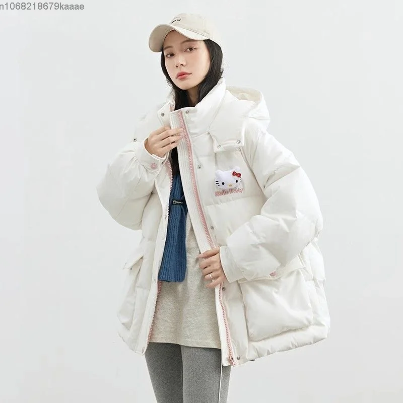 Cappotto con cappuccio caldo e spesso Sanrio Hello Kitty per donna Cappotto invernale con cerniera stile college allentato casual versatile di nicchia