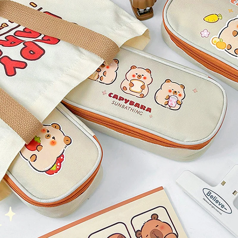 Large Capacity Pen Bag Cartoon Capybara Canvas Pencil Case For Student Stationery Cosmetics Travel Storage Bag School Supplies