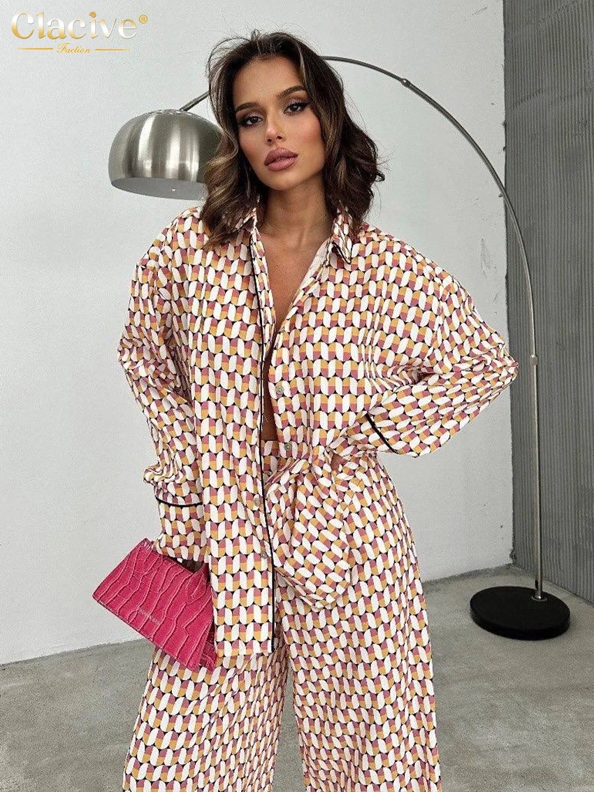 Clacive Casual Loose Print 2 Piece Sets Women Outfit Fashion Long Sleeve Shirt With High Waist Wide Pants Set Female Homewear