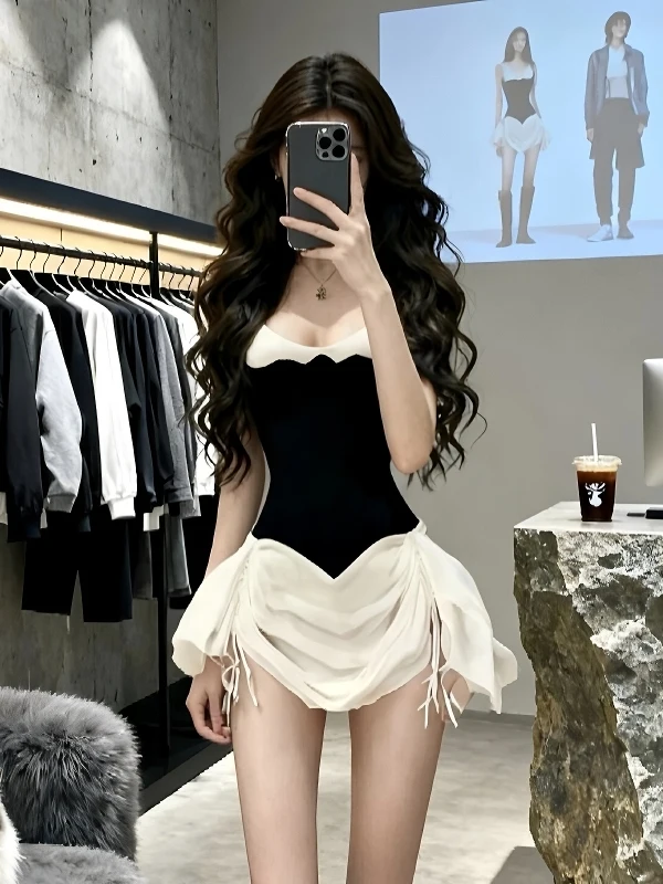 

Sexy Bla U-Ne Strap Dr Women's Autumn Winter Slimming ort Skirt Birthday Dr High Waist Advanced Sense Color Colli...