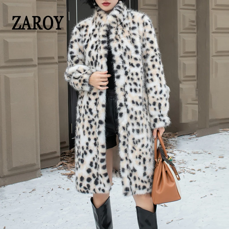 ZAROY Snow Leopard Print Faux Fur Long Coat Luxury Brand Designer Artificial Fur Women Jacket Winter Warm Mink Fur Overcoat шу