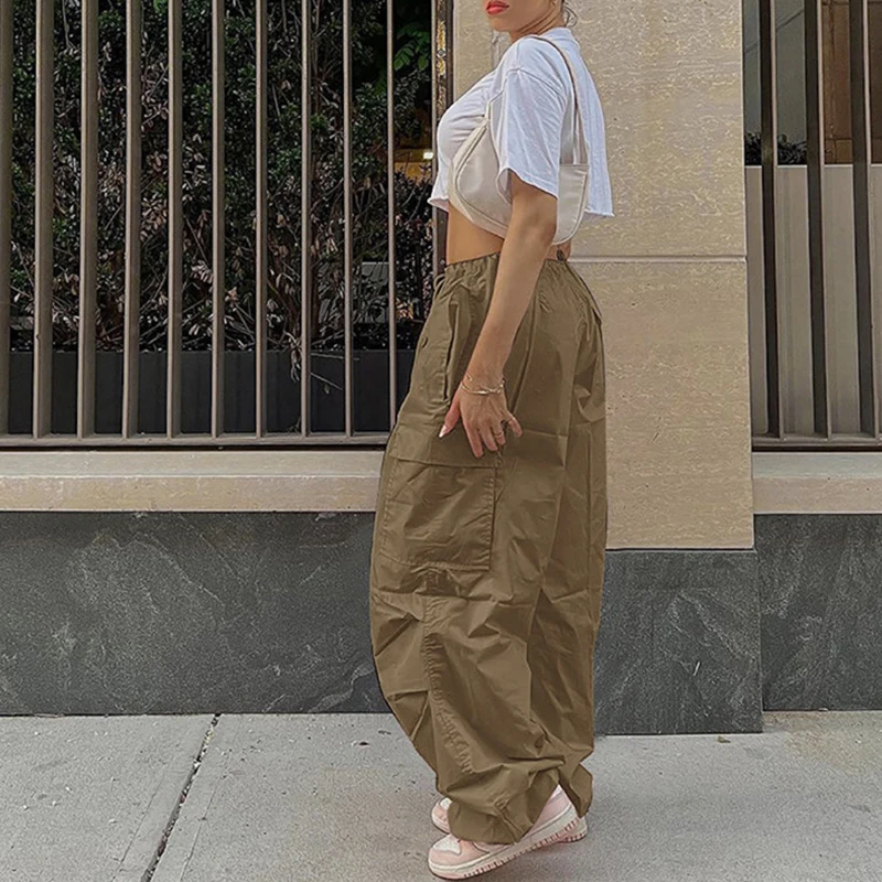 Pink Women Casual Joggers Tech Pants Oversized Solid Low Waist Baggy Trousers Fashion Wide Leg Cargo Pants Streetwear Drawstring