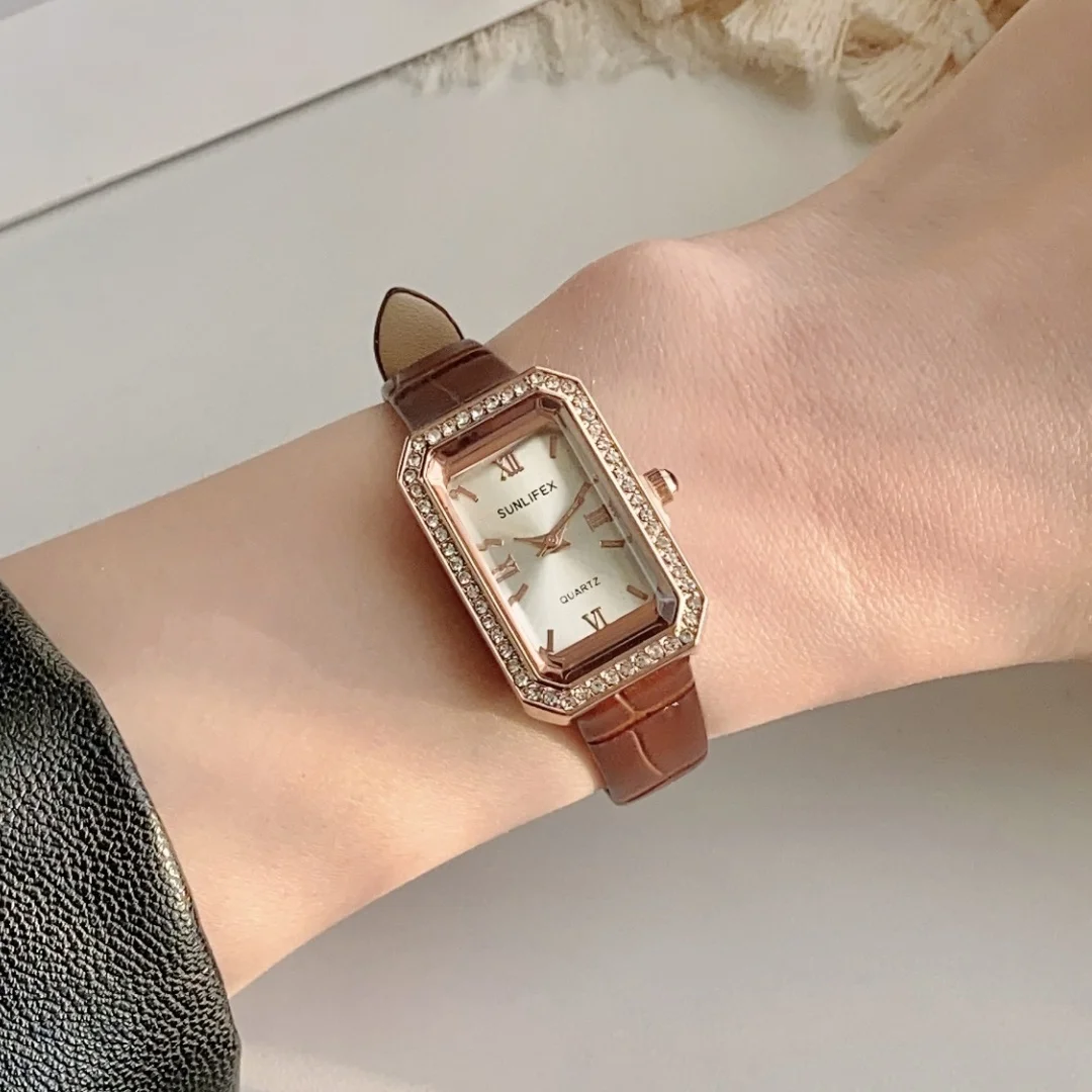 Casual Women's Coffee Brown Leather Strap Watch Fashionable With Rhinestone Watches Rectangle Dial Wristwatch reloj para mujer