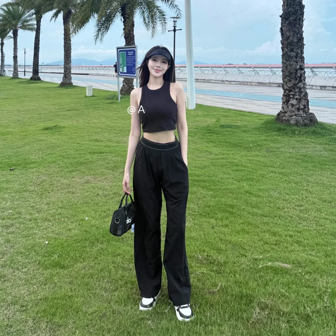 Summer slimming pants, quick drying sports pants, elastic waist woven wide leg pants, loose pants, casual lightweight high waist