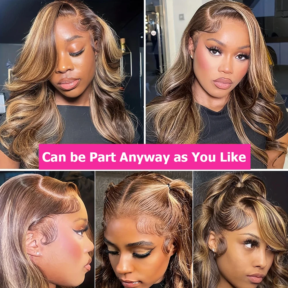 P4/27 اللون البني تسليط الضوء على 13x4 HD الجسم موجة كامل الدانتيل الجبهة الباروكات 44 46 بوصة 200 الكثافة 13x6 الدانتيل أمامي خصلات الشعر المستعار الإنسان