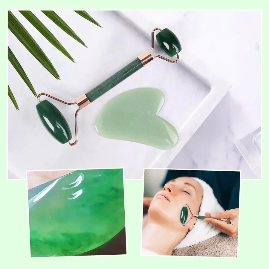 ควอตซ์ Rose Jade Roller และ Gua Sha Facial Set Kit สําหรับ Face Skincare หิน Sculpting เครื่องมือนวด Roller สําหรับ Skin Care ของขวัญ fo