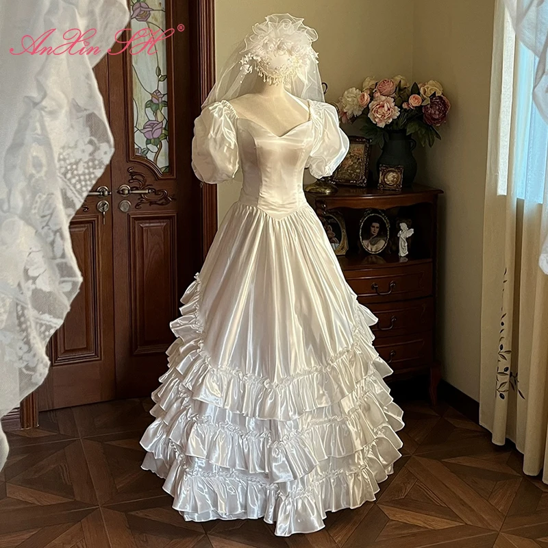 AnXin SH classic white satin princess sweetheart short puff sleeve ruffles bride lace up prom party customized wedding dress