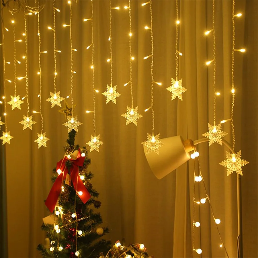 LED Snowflake Curtain String Lights EU Plug 8 Modos Ano Novo Garland Fairy Garden Lights Para Festa de Casamento Decoração de Natal