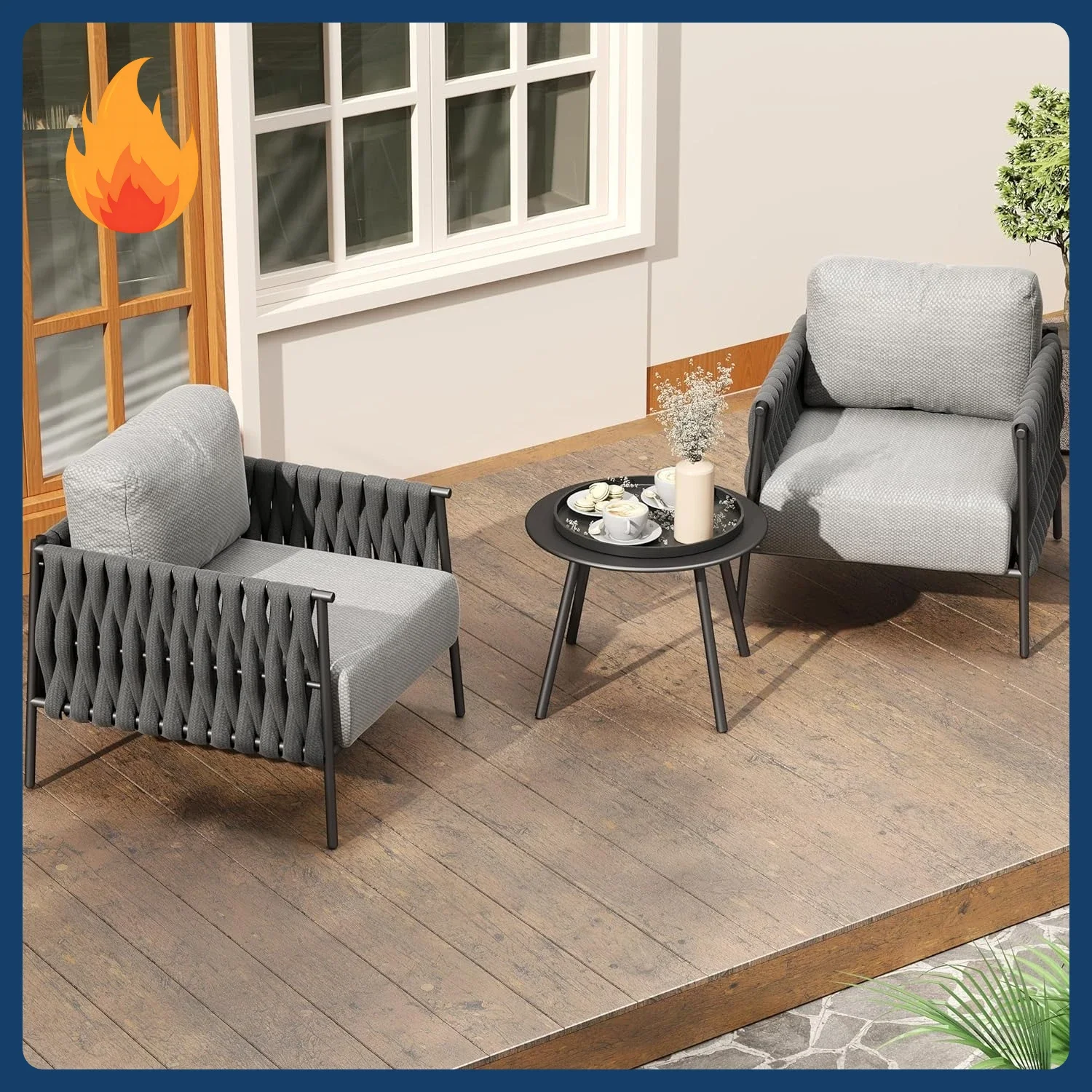 

[New Arrival!]3-Piece Patio Furniture Set | Armchairs & Coffee Table | Outdoor Furniture with Cushions | Deep Seating Modern Con
