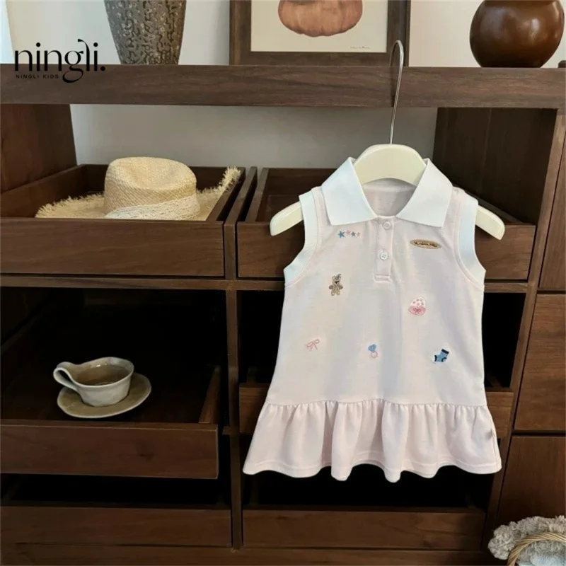 

Girls' Summer Dress New Fashionable Baby DressPOLOEmbroidered Anime Style Vest Dress for Little Girls