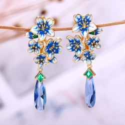 Huitan Aesthetic Blue Flower Enamel Earrings for Women Luxury Trendy Gold Color Wedding Party Romantic Lady Earrings New Jewelry