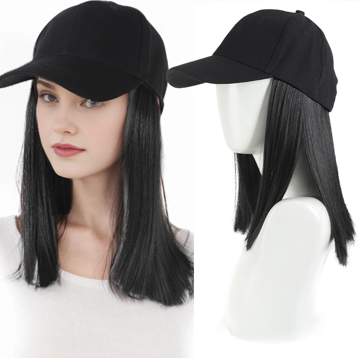 

Synthetic short straight hair hat wig female heat-resistant wig hat black cap curly hair