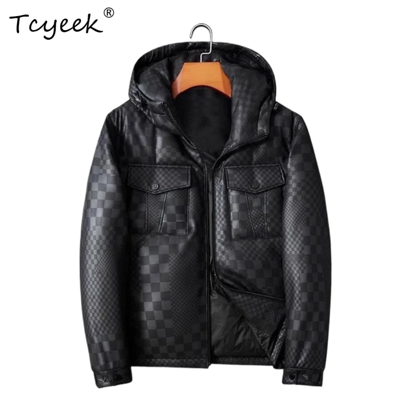 

Tcyeek Натуральная овчина Осень Зима Высококачественная короткая мужская куртка-пуховик с капюшоном из натуральной кожи Chaqueta Cuero Hombre 가죽 자켓