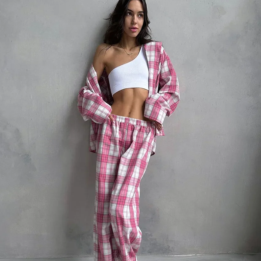 Autumn and Winter New Red Plaid Fashion Loose Long-sleeved Trousers Pajamas Two-piece Cross-border Loungewear Apparel