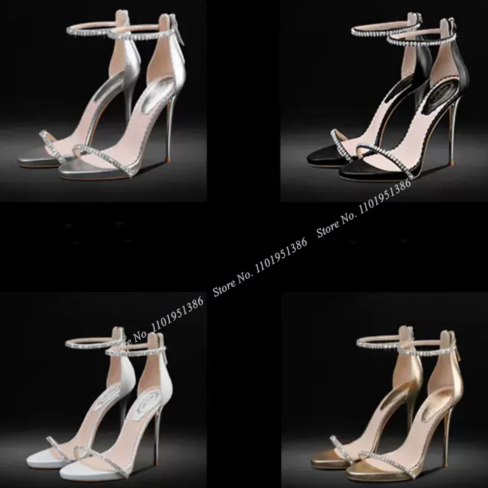 Abesire Gold Crystal Sandals Back Zipper Cover Heel Thin High Heel Open Toe Shoes for Women Shoes on Heels Zapatillas Mujer