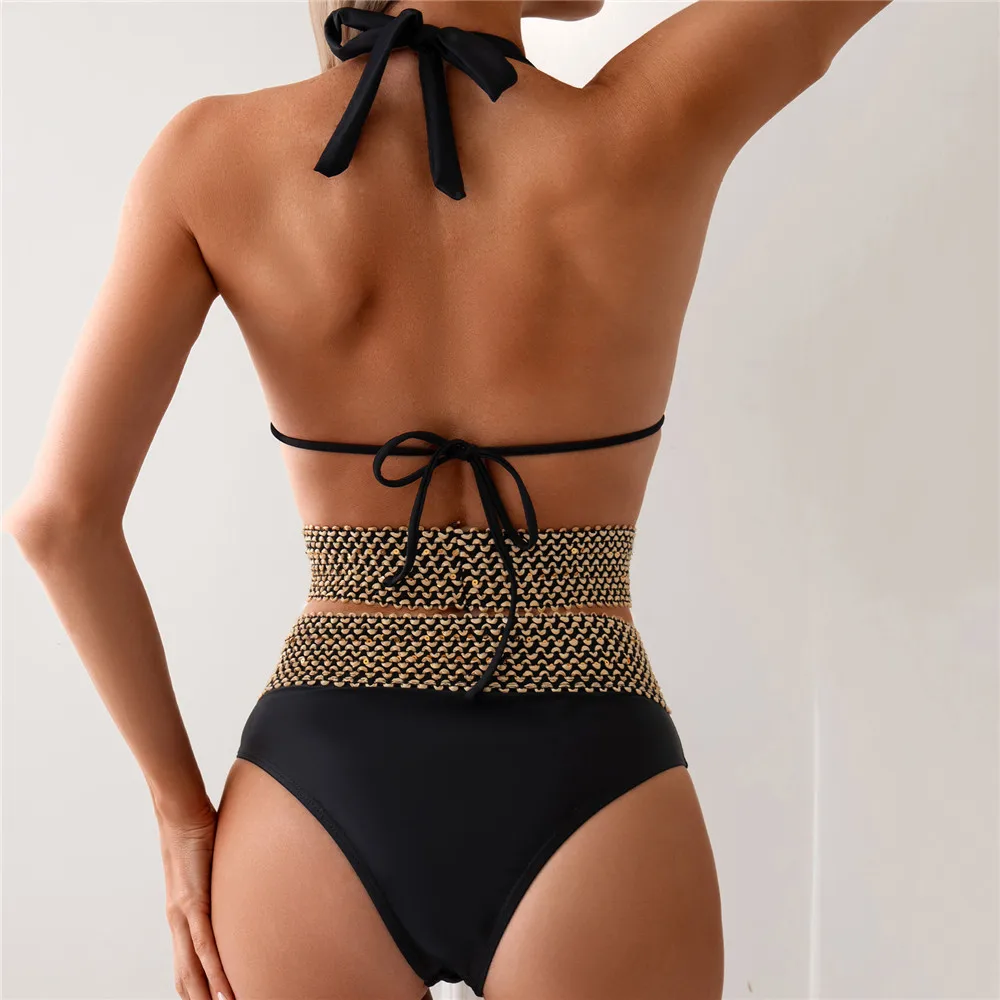 Black High Waisted Bikini Set String Halter Sexy Swimsuit Women 2024 Cross Bandage Swimwear Bathing Suit Push Up Bikinis Mujer