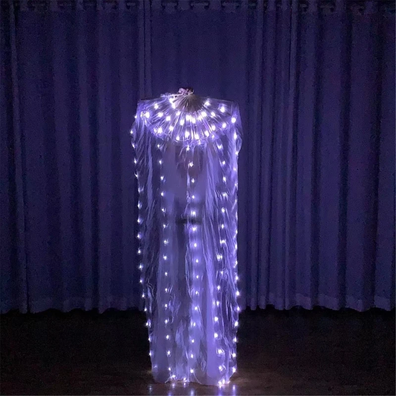 Belly Dance LED Fan Veil 1.8m Long Bamboos Silk Fans Veil Hand Made Silk Fan Belly Dance Costume for Worship Praise Dance