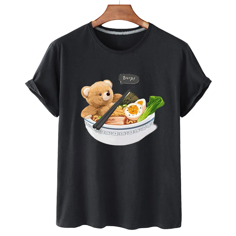 100% Cotton Noodle Bowl Bear Print Short Sleeve T-Shirt Women 2022 Summer Women's Casual T-Shirt Short Sleeve T-Shirt Men S-4XL