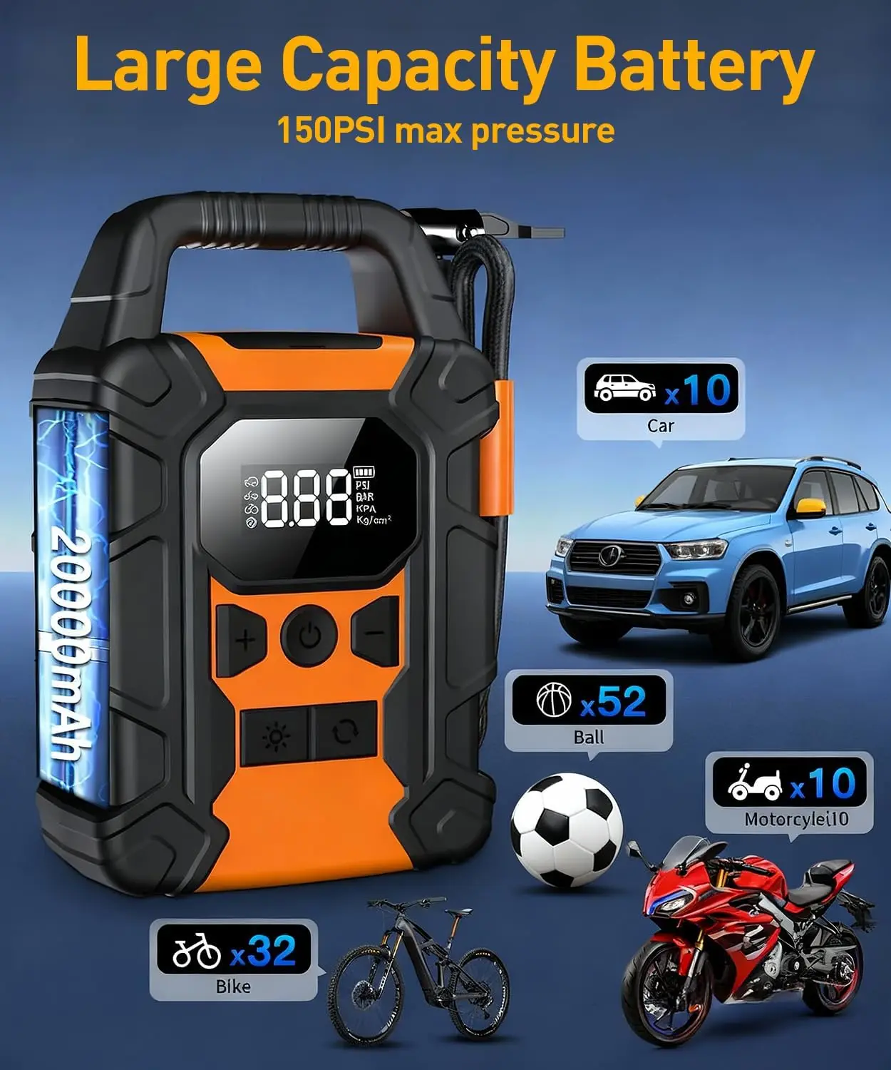 ポータブルタイヤインフレーター、車、バイク、オートバイ用の150PSIエアポンプ、ゲージLEDライト付き充電式