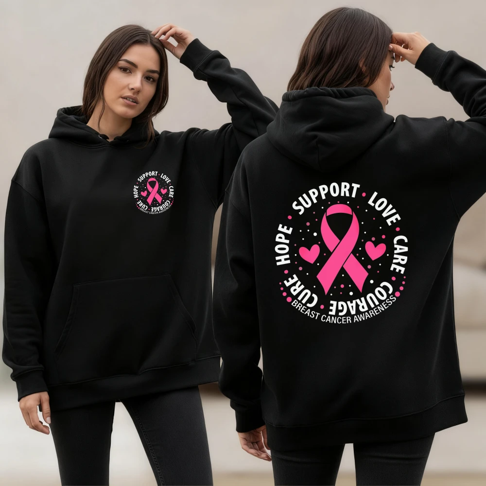 Breast Cancer Awareness Sweatshirt Pink Ribbon Support Hoodies Hope Courage Cure Pullovers Unisex Streetwear Casual Hooded