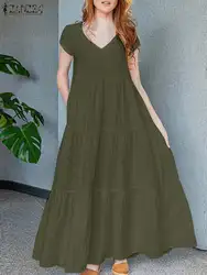 ZANZEA Woman Elegant Pleated Dress Solid Color Short Sleeve V-Neck Dresses Fashion Party Long Sundress Casual Beach VestidO 2023