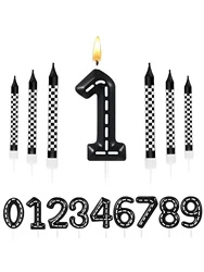 7Pcs Racing Cars Themed Birthday Candles Black and White Checkered Candle 1 to 9 Number Candle Truck Candle Cake Topper for Raci