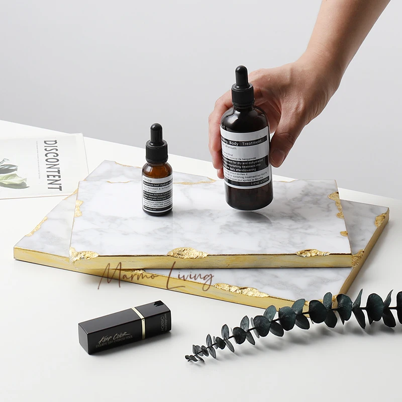 

Natural Marble Tray Decorative Jewelry Necklace Storage Tray Cosmetic Perfume Display Plate Luxury Serving Tray with Golden Edge