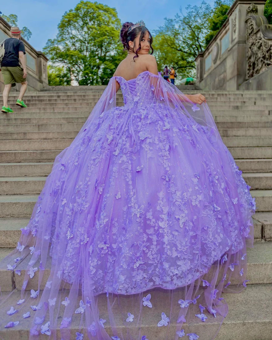 Lorencia-vestido De Quinceañera De México, traje morado con lentejuelas, apliques De flores, dulce 16, YQD59, 2024