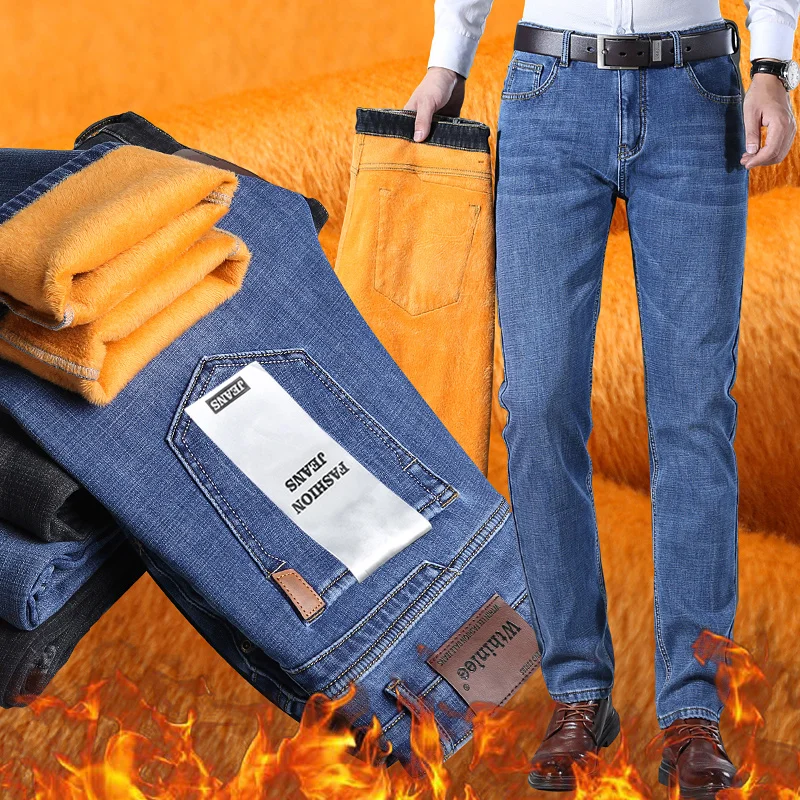 Winter Fleece Warm Distressed Retro Men's Jeans Classic Streetwear Stretch Denim Pants Slim Straight Work Trousers Plus Size 40